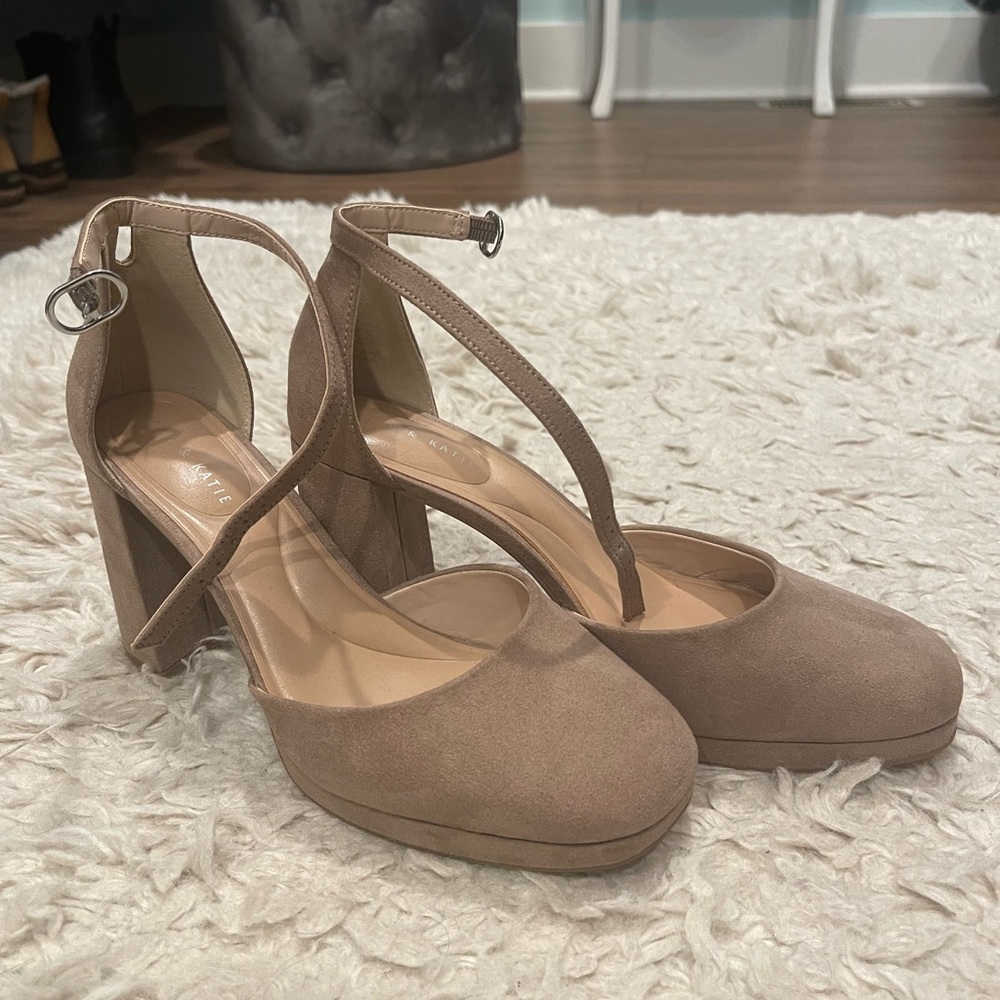 Kelly & Katie Taupe Suede T-Strap Block Heel Pumps